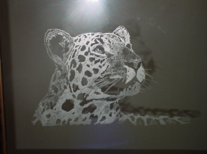 "The Leopard"  22" x 27" Hand-etched framed Mirror by Artist Robin Hewitt.