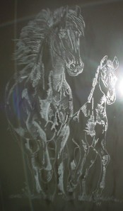 "Mare and Foal" Hand-etched mirror by Artist Robin Hewitt.